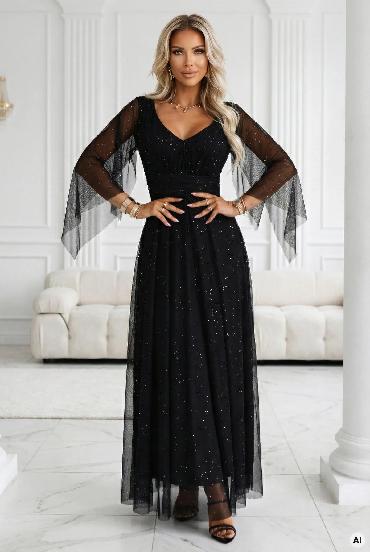 Long, shimmering dress with a neckline and transparent sleeves – Black