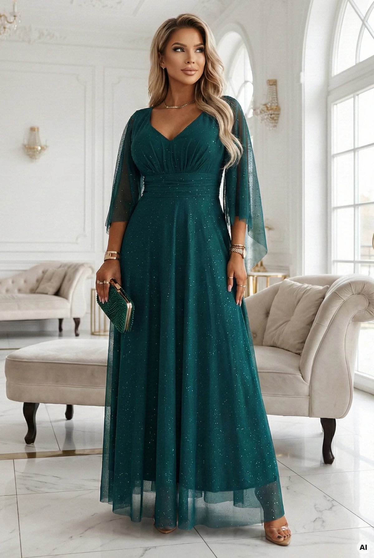 A long, shimmering dress with a plunging neckline and sheer sleeves – Emerald Green