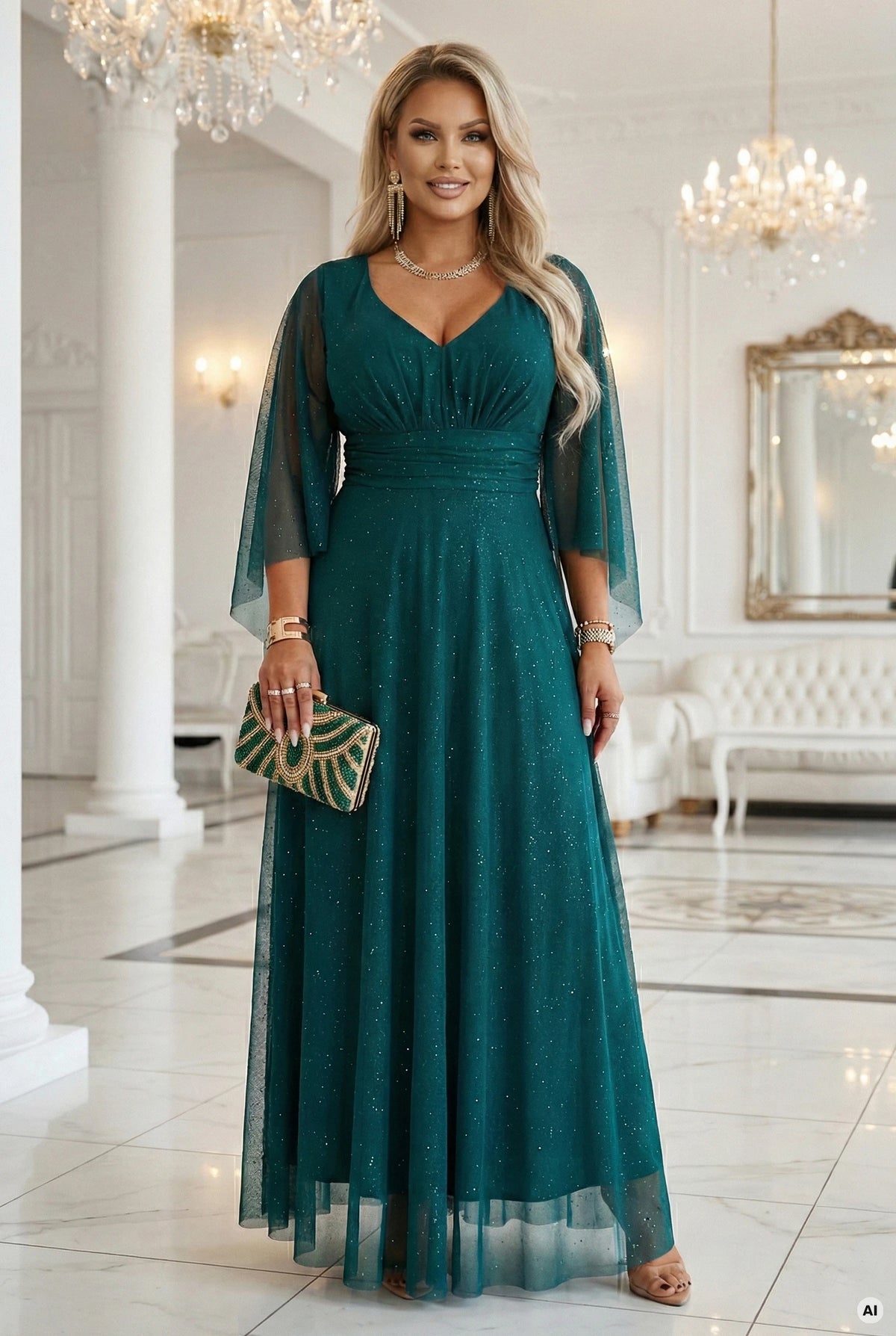 A long, shimmering dress with a plunging neckline and sheer sleeves – Emerald Green