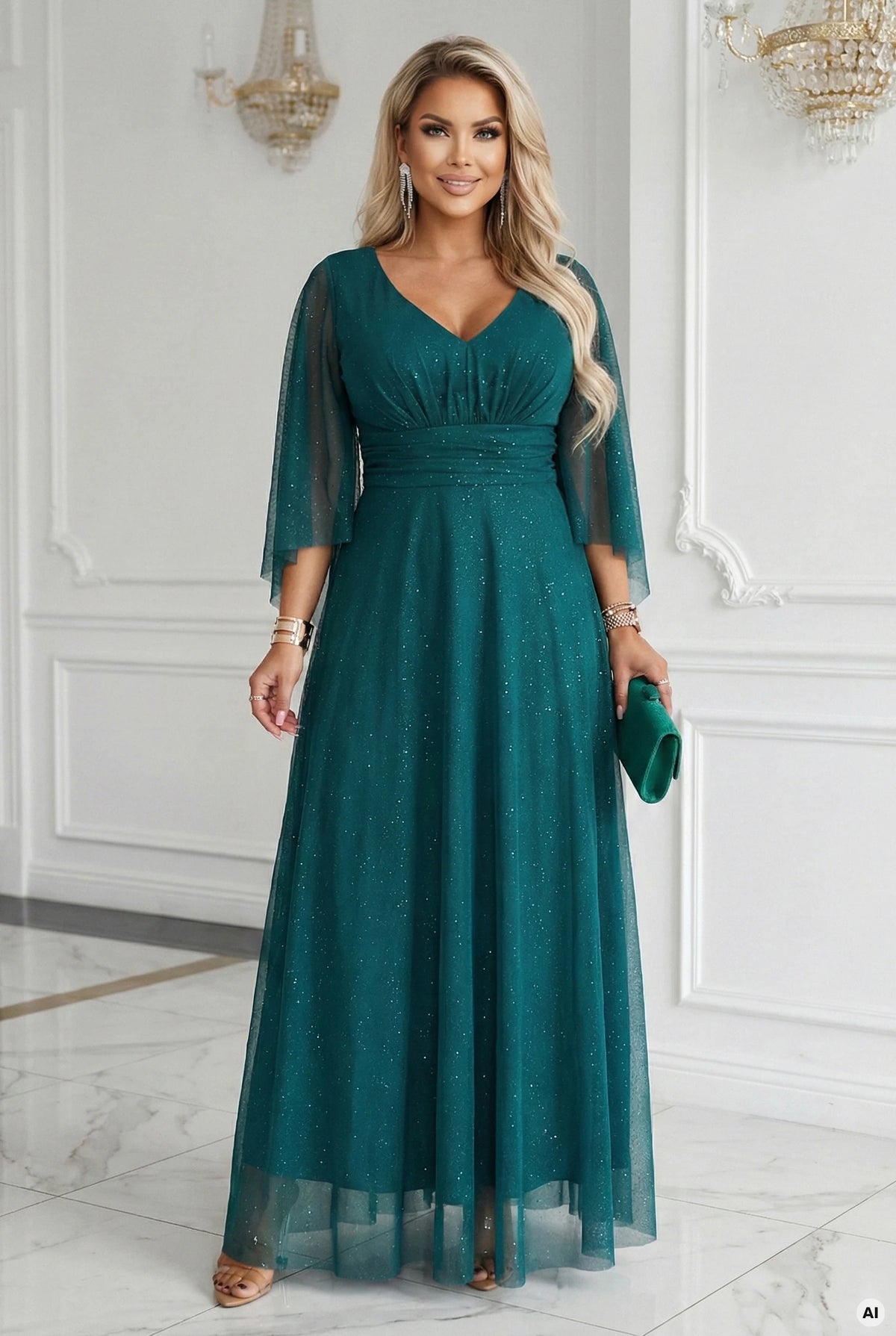 A long, shimmering dress with a plunging neckline and sheer sleeves – Emerald Green