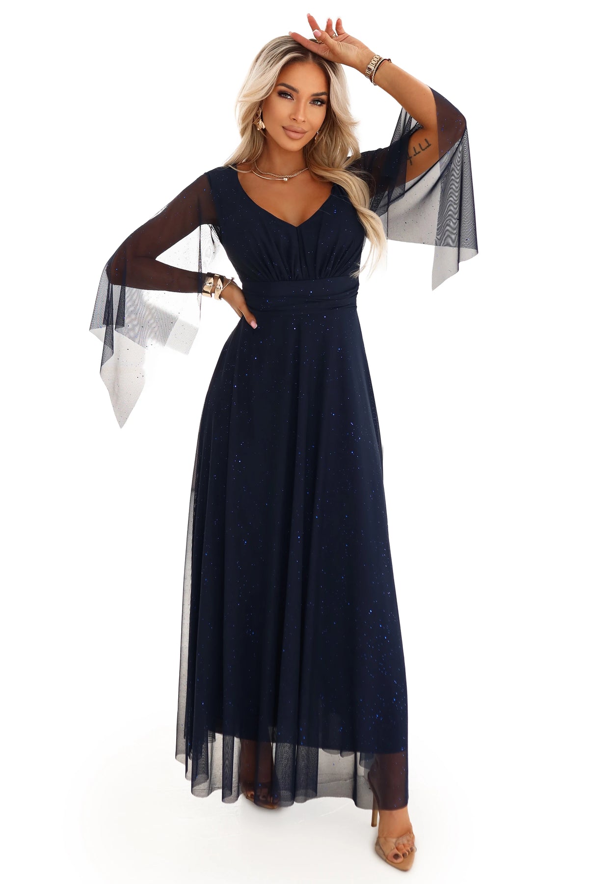 A long, shimmering dress with a neckline and transparent sleeves – Navy Blue