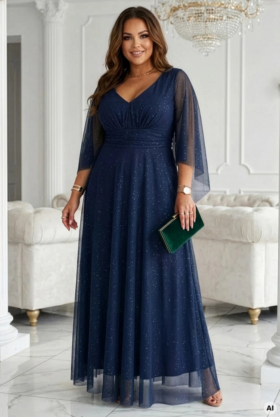 A long, shimmering dress with a neckline and transparent sleeves – Navy Blue