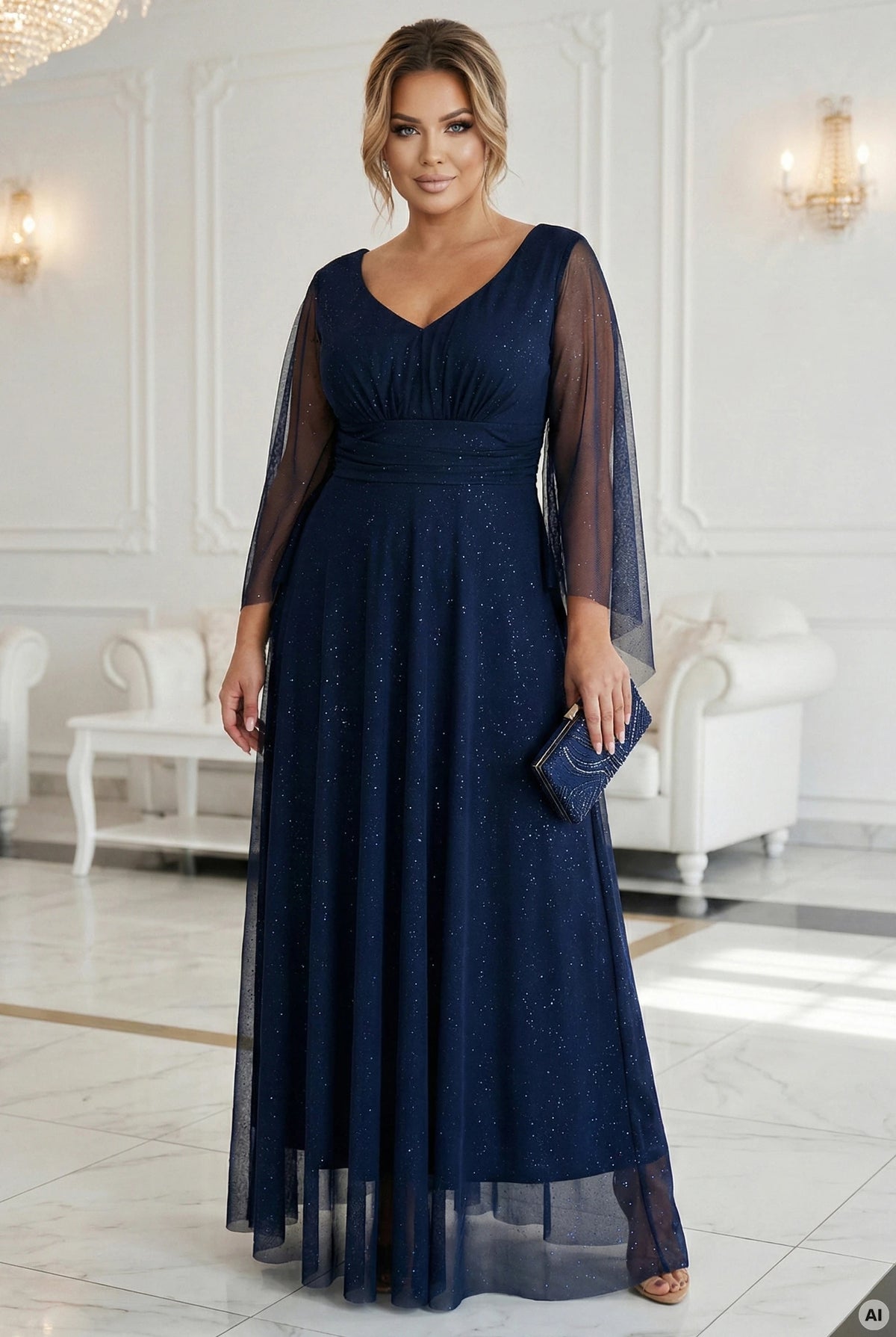 A long, shimmering dress with a neckline and transparent sleeves – Navy Blue