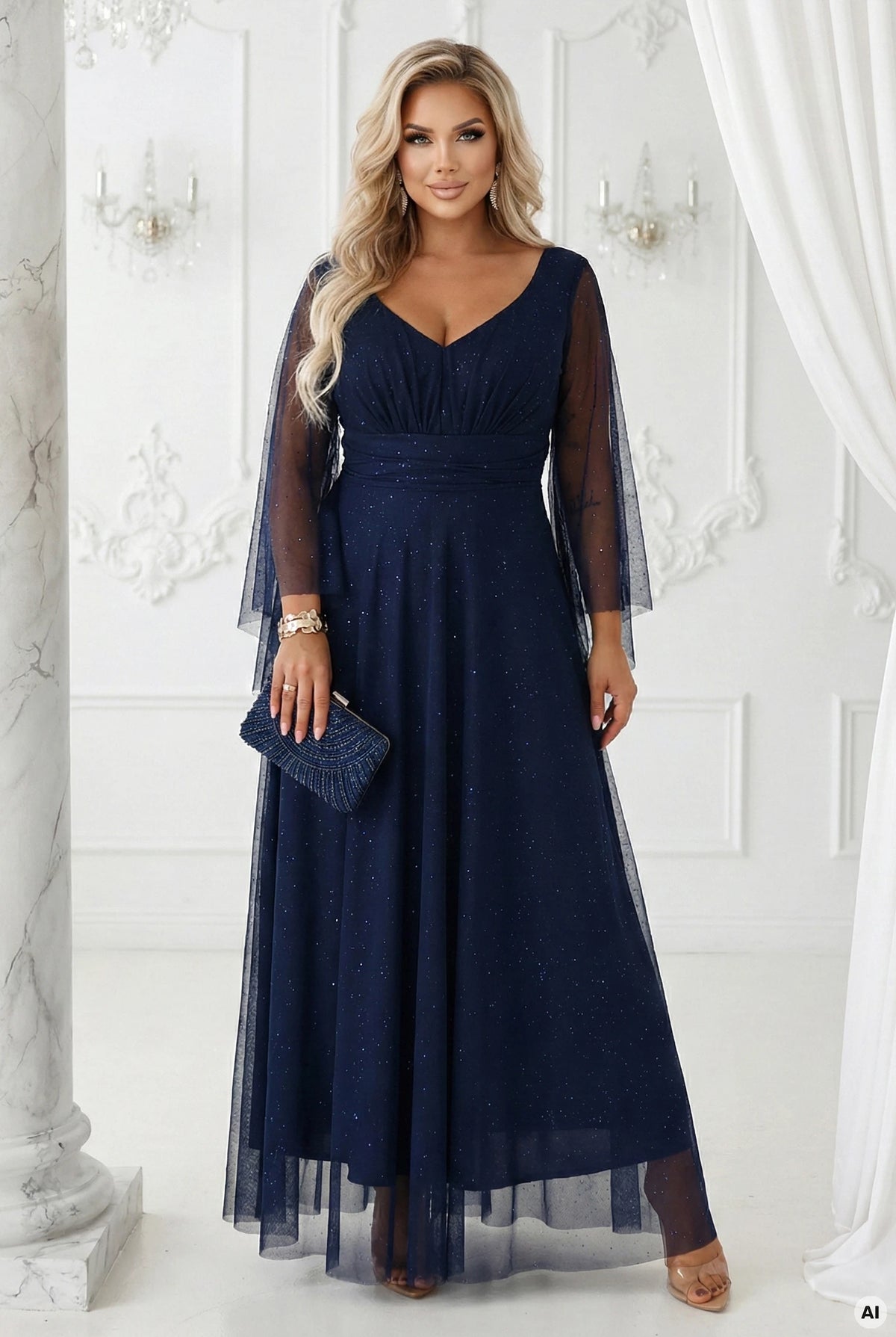 A long, shimmering dress with a neckline and transparent sleeves – Navy Blue