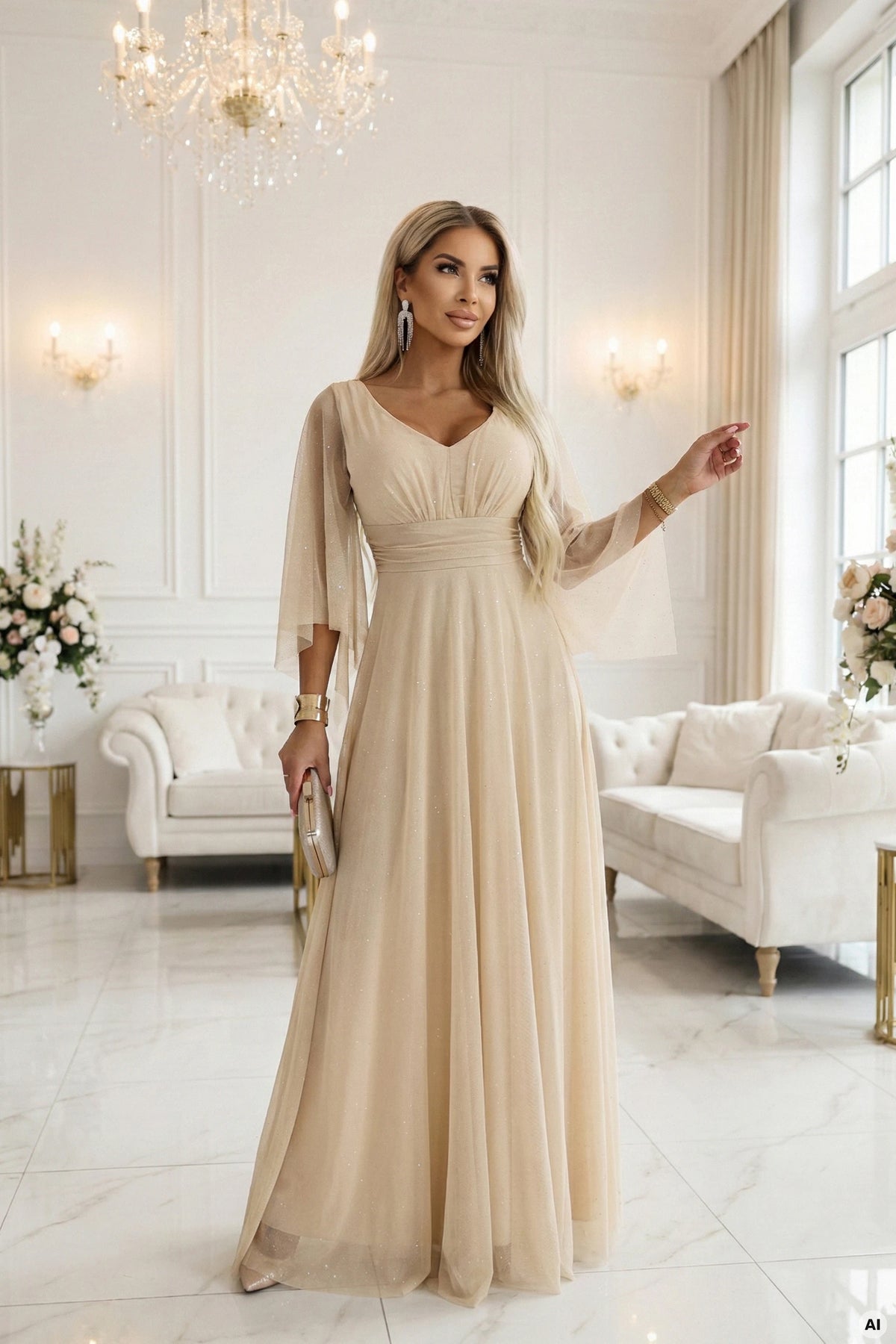 A long, shimmering dress with a plunging neckline and sheer sleeves – Champagne Beige