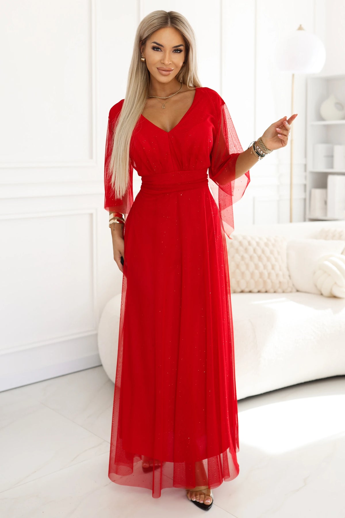 Long Light-Catching Shimmering Gown with Neckline and Sheer Sleeve – Red