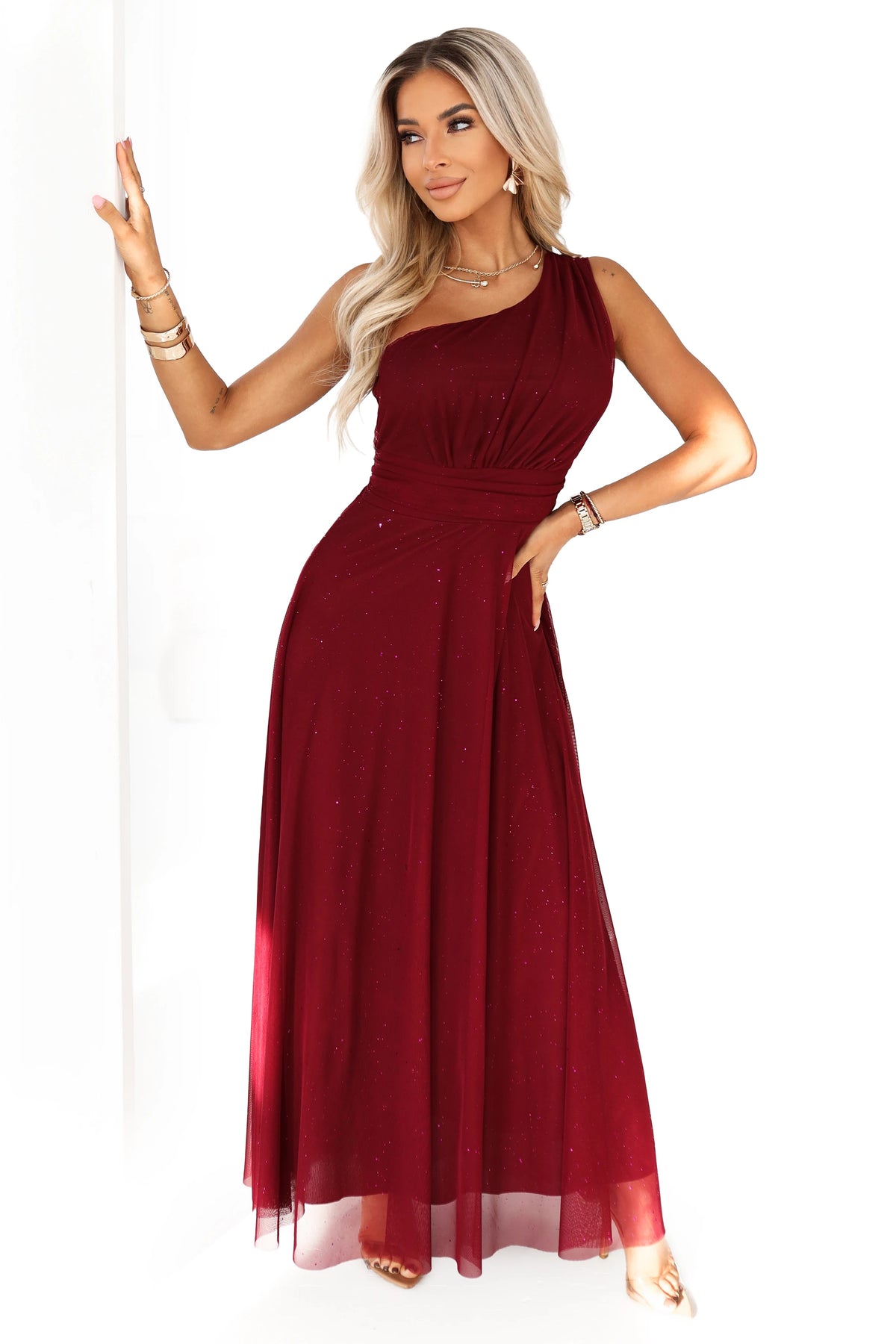 Long, shiny, one-shoulder evening dress – Burgundy
