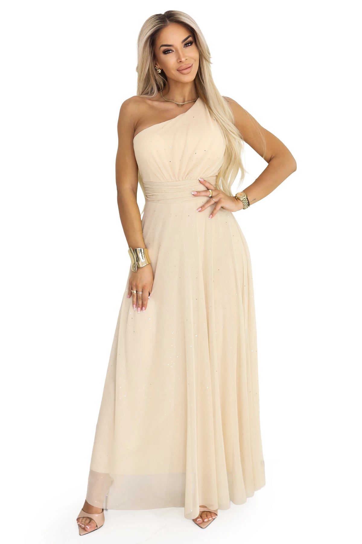 Long, sparkling, one-shoulder evening dress – Champagne Beige