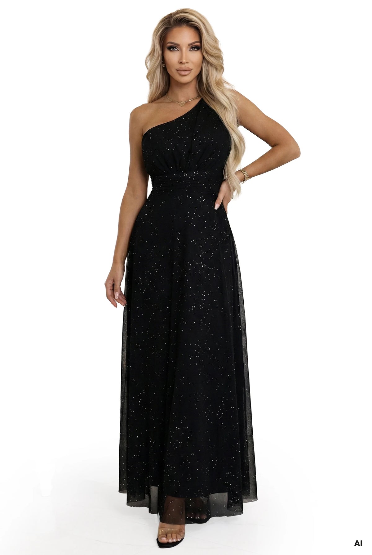 Long, shiny, one-shoulder evening dress – Classic Black