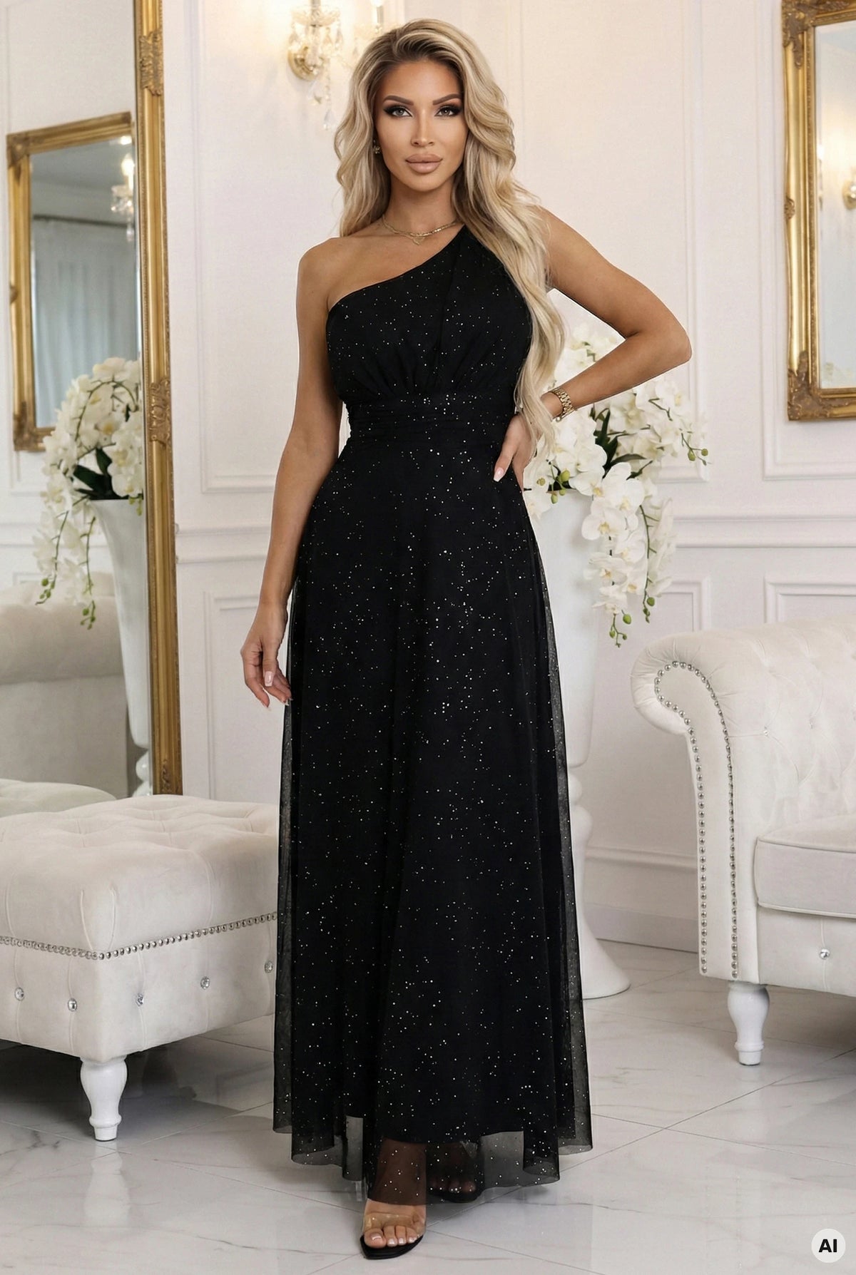 Long, shiny, one-shoulder evening dress – Classic Black