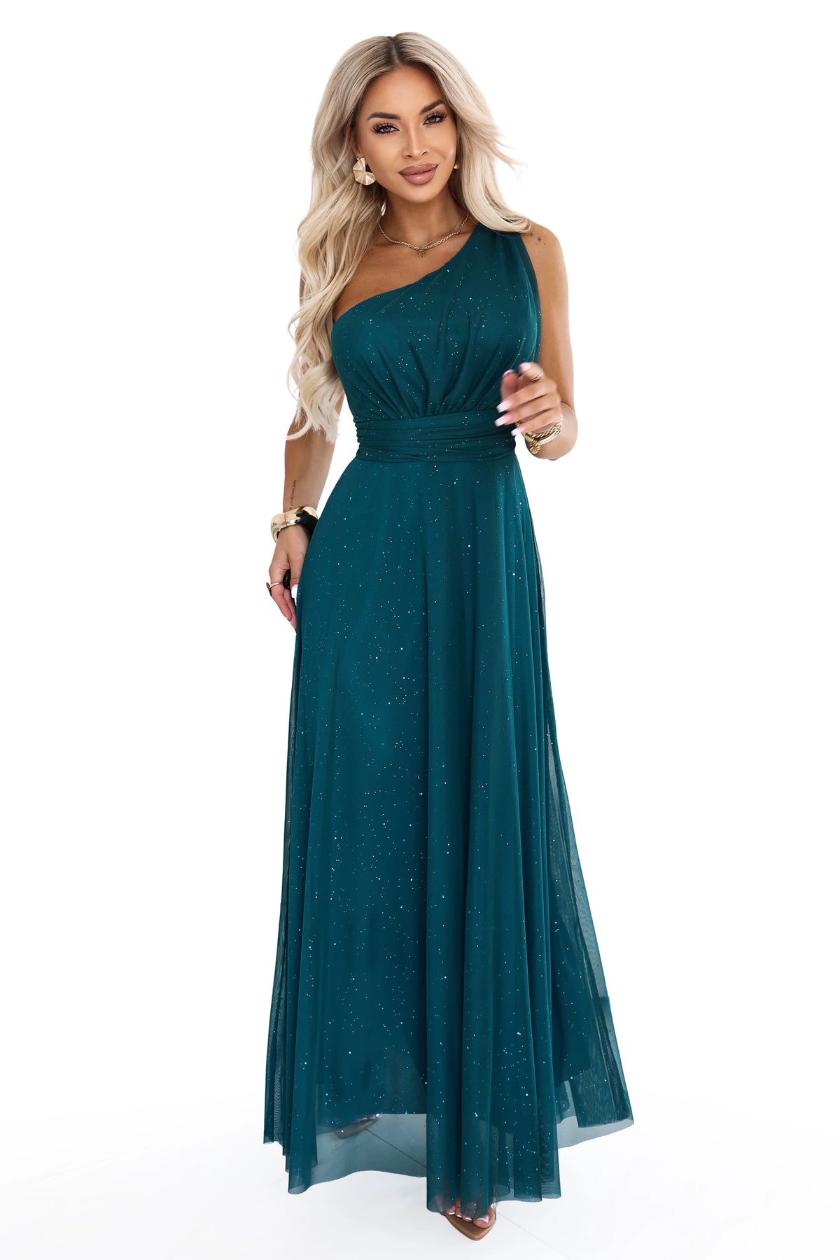 Long glittery evening dress with one shoulder – Bottle Green