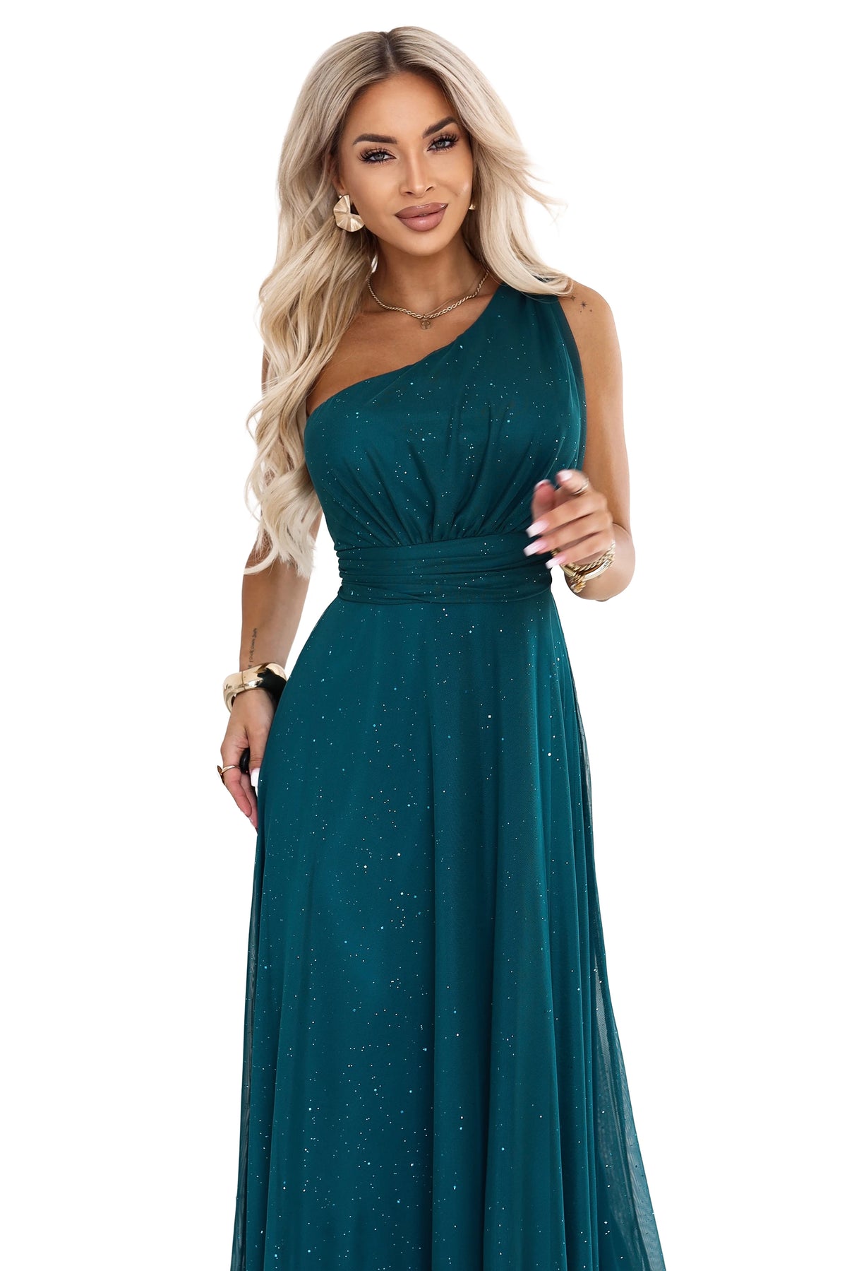 Long glittery evening dress with one shoulder – Bottle Green