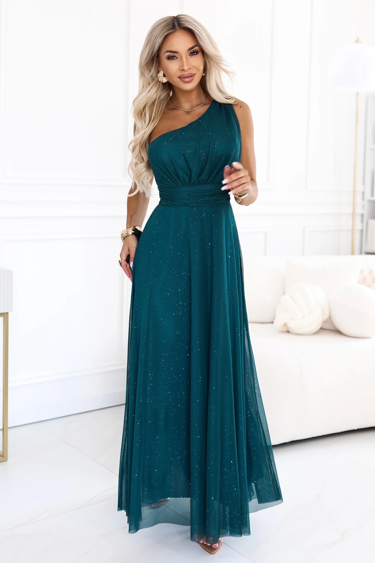 Long glittery evening dress with one shoulder – Bottle Green