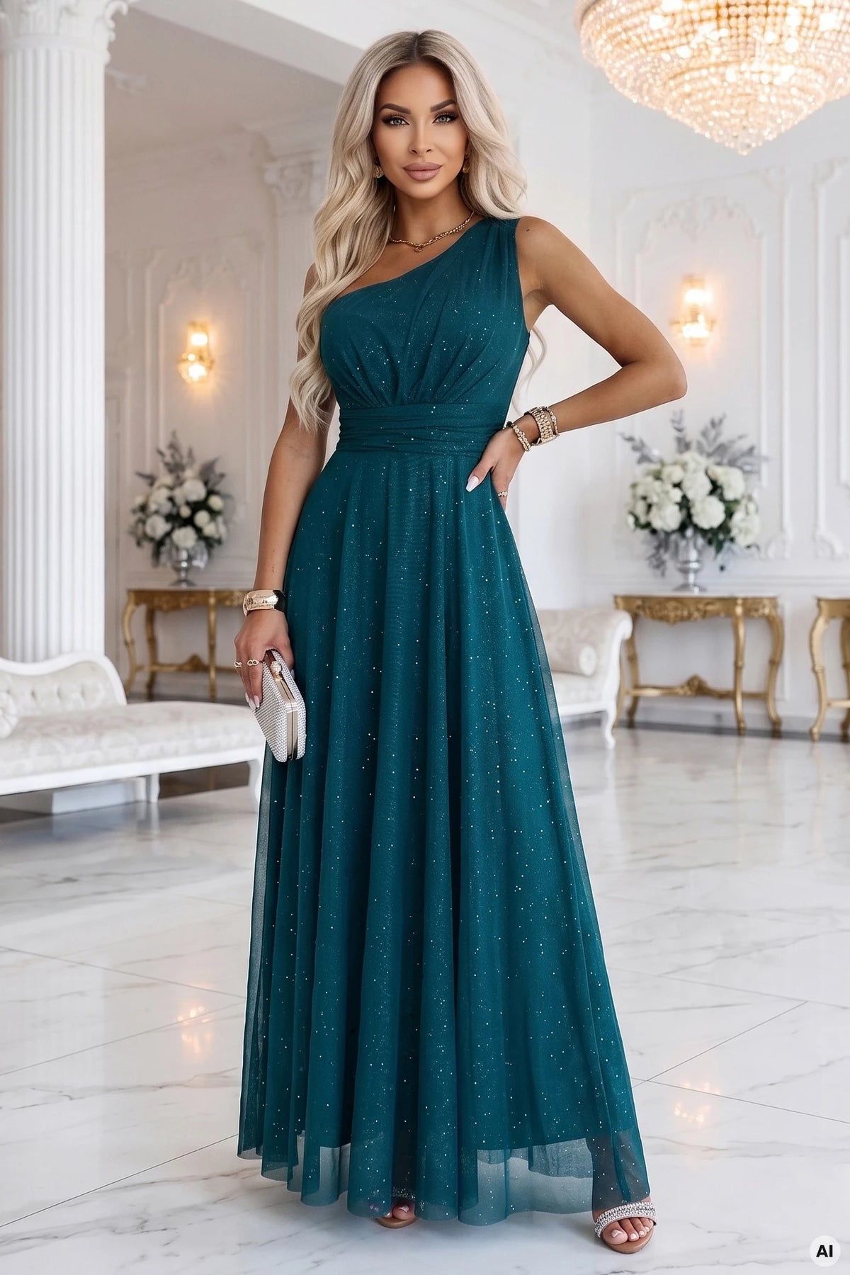 Long glittery evening dress with one shoulder – Bottle Green