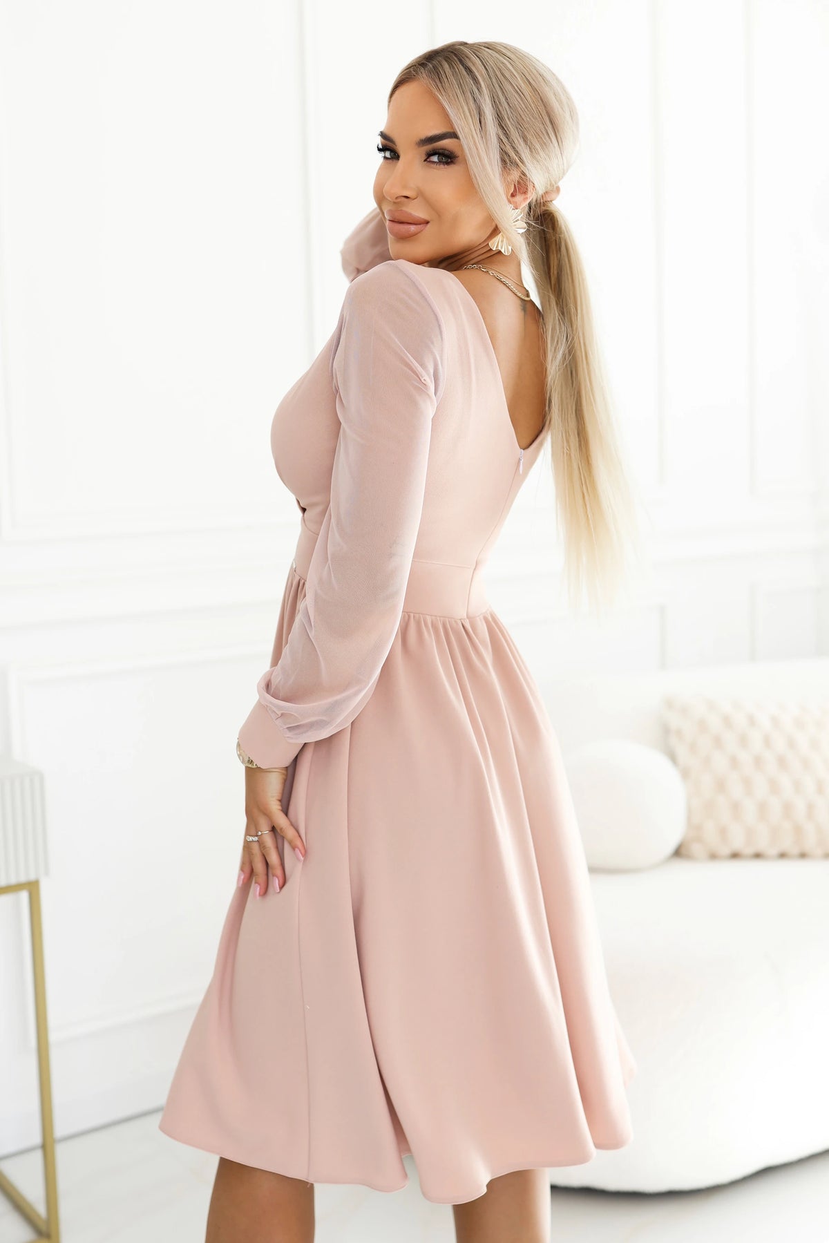 Elegant midi dress with wrap neckline and tulle sleeves – Beige