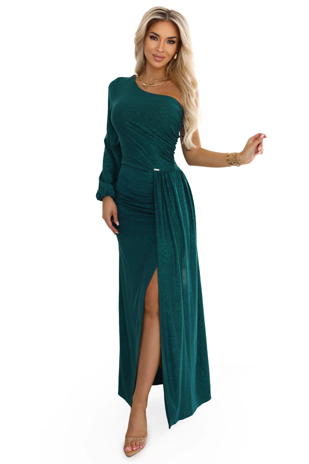 Shimmering glitter one-shoulder maxi dress with asymmetric sleeves and slit – Bottle Green