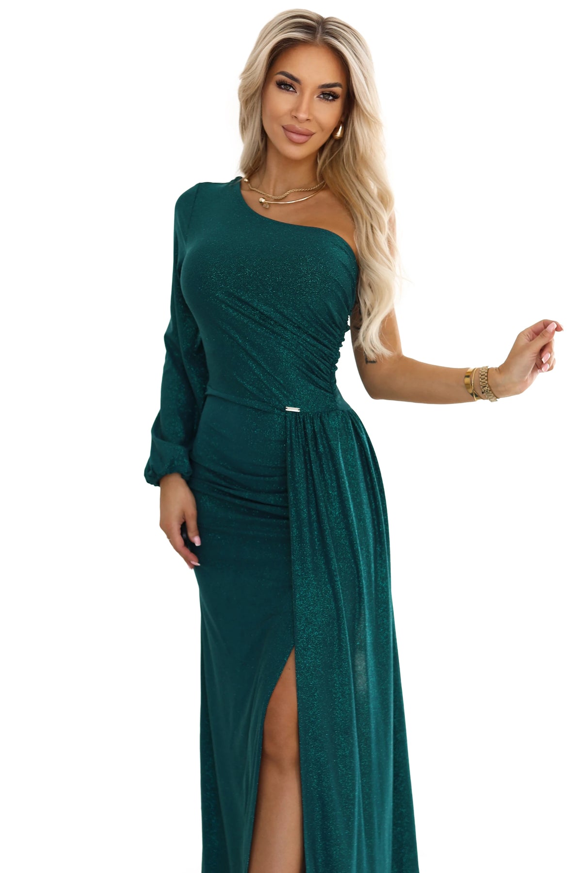 Shimmering glitter one-shoulder maxi dress with asymmetric sleeves and slit – Bottle Green