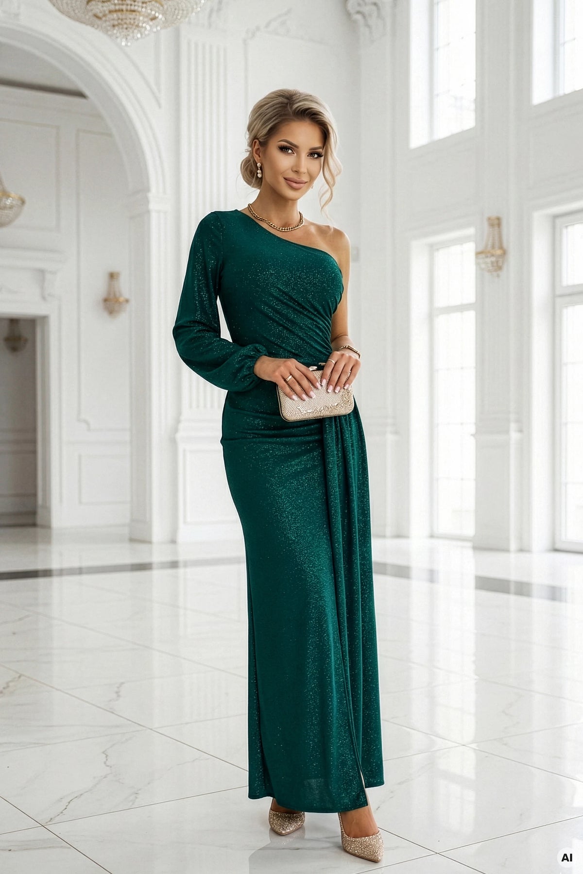 Shimmering glitter one-shoulder maxi dress with asymmetric sleeves and slit – Bottle Green