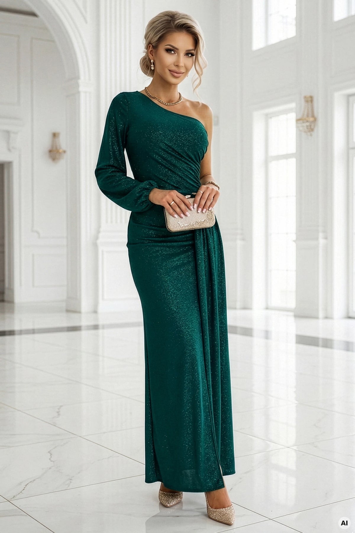 Shimmering glitter one-shoulder maxi dress with asymmetric sleeves and slit – Bottle Green