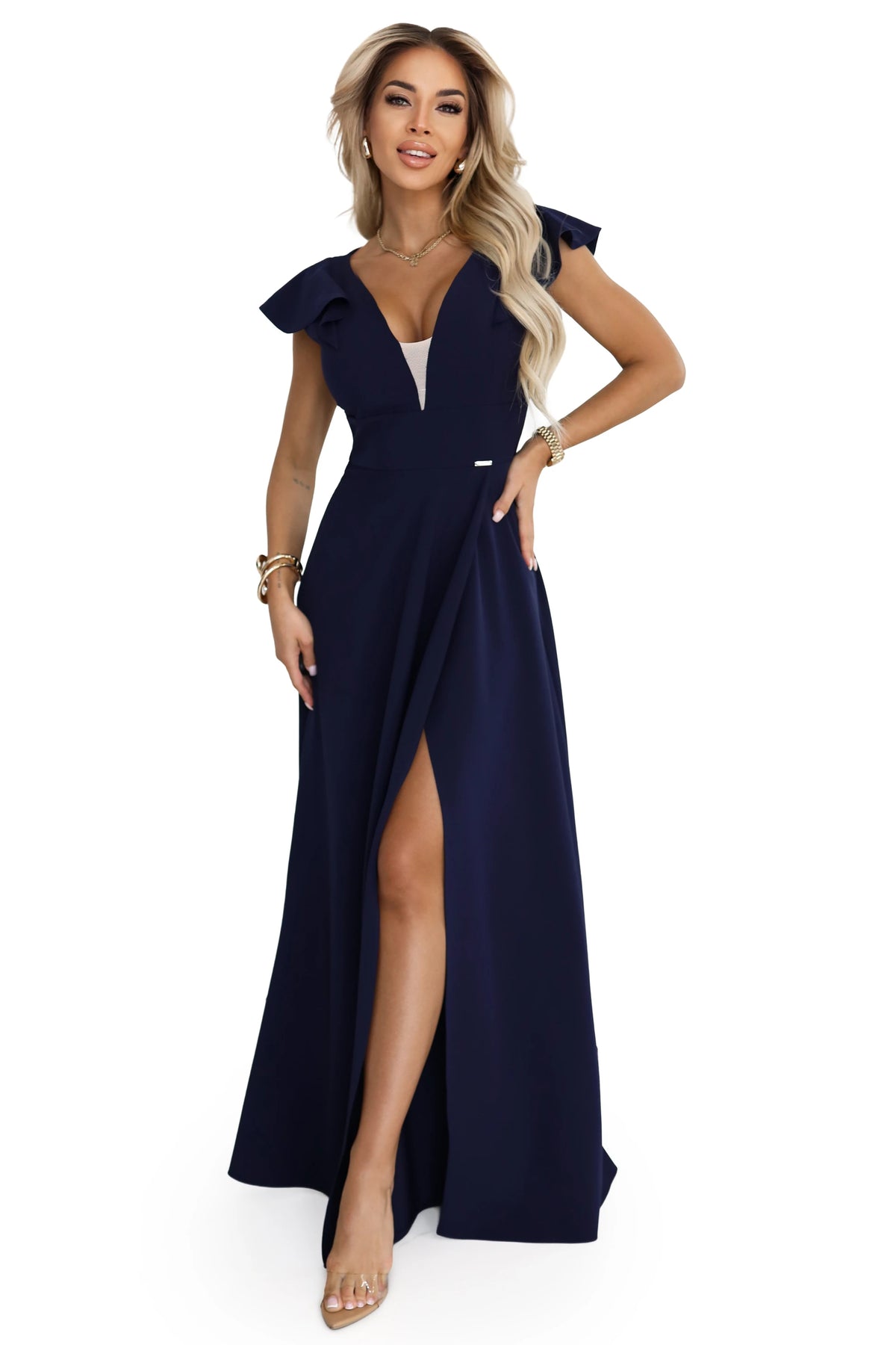 Elegant maxi dress with ruffles, a deep neckline and a slit on the leg – Navy Blue