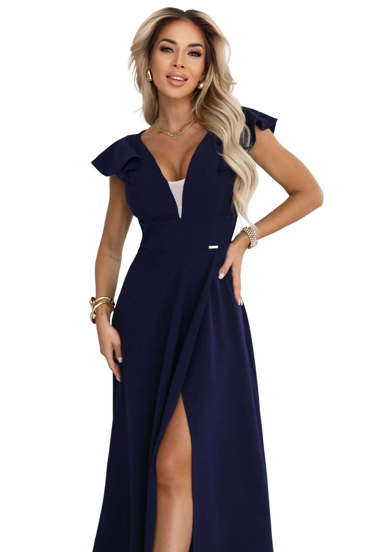 Elegant maxi dress with ruffles, a deep neckline and a slit on the leg – Navy Blue