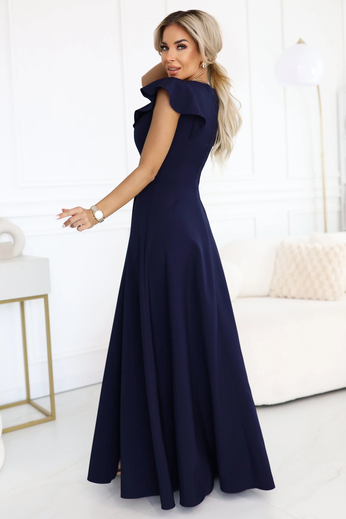 Elegant maxi dress with ruffles, a deep neckline and a slit on the leg – Navy Blue