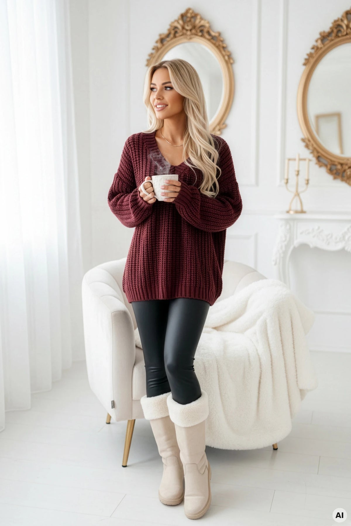 Warm oversized sweater with a chunky weave and a V-neck – Burgundy