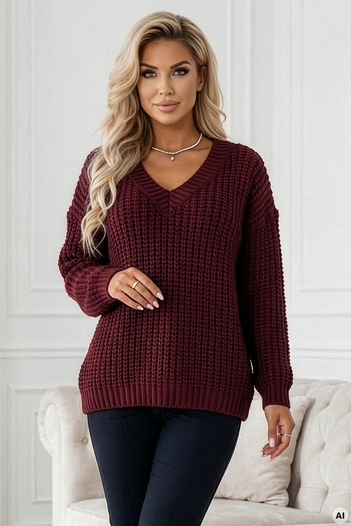 Warm oversized sweater with a chunky weave and a V-neck – Burgundy