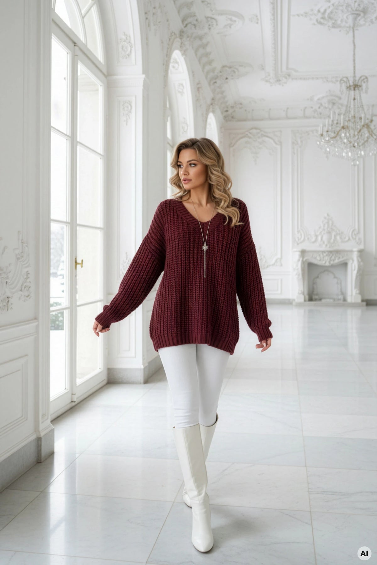 Warm oversized sweater with a chunky weave and a V-neck – Burgundy