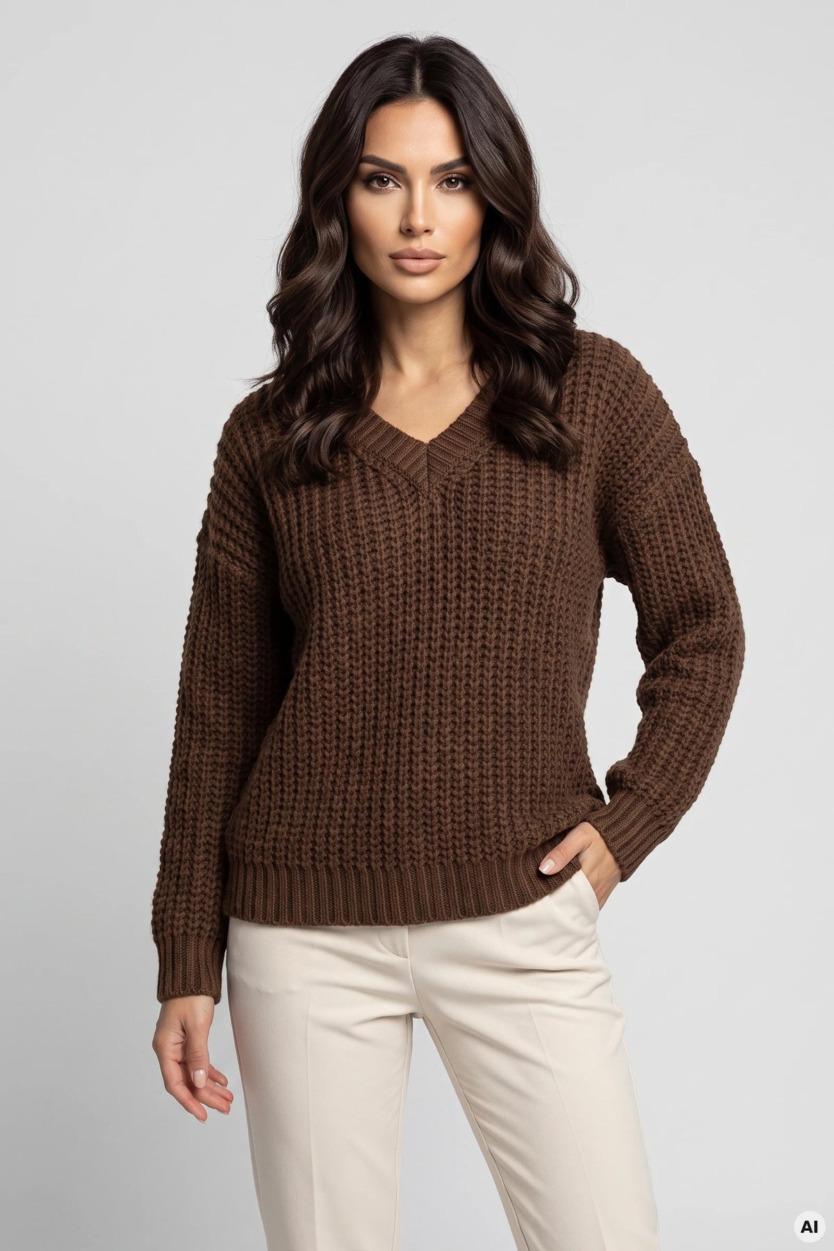 Warm oversized sweater with a chunky weave and a V-neck – Chocolate
