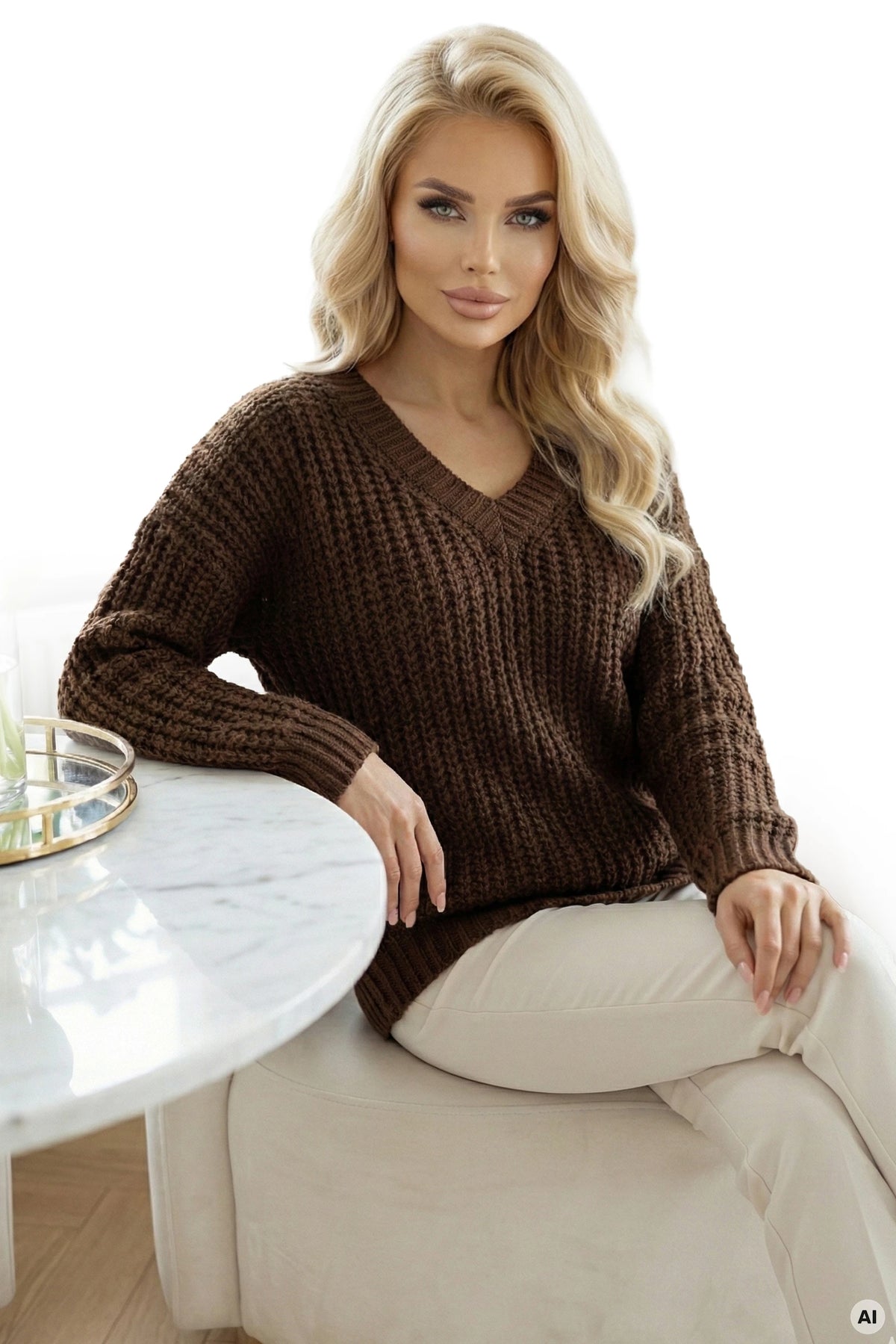 Warm oversized sweater with a chunky weave and a V-neck – Chocolate