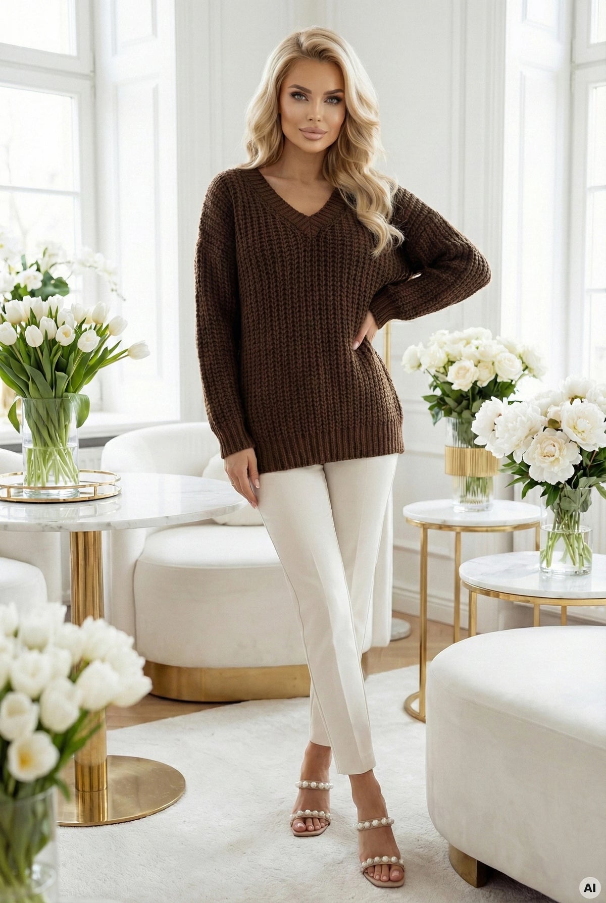 Warm oversized sweater with a chunky weave and a V-neck – Chocolate