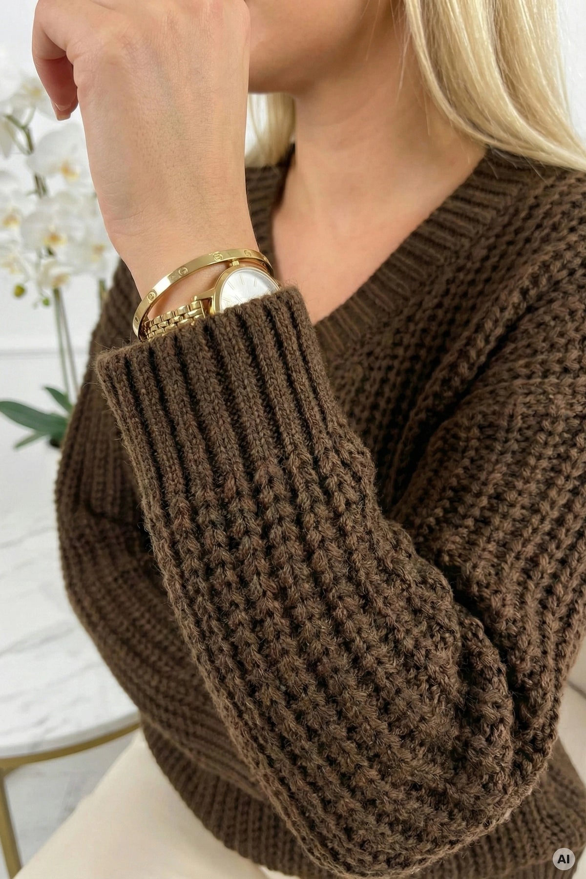 Warm oversized sweater with a chunky weave and a V-neck – Chocolate