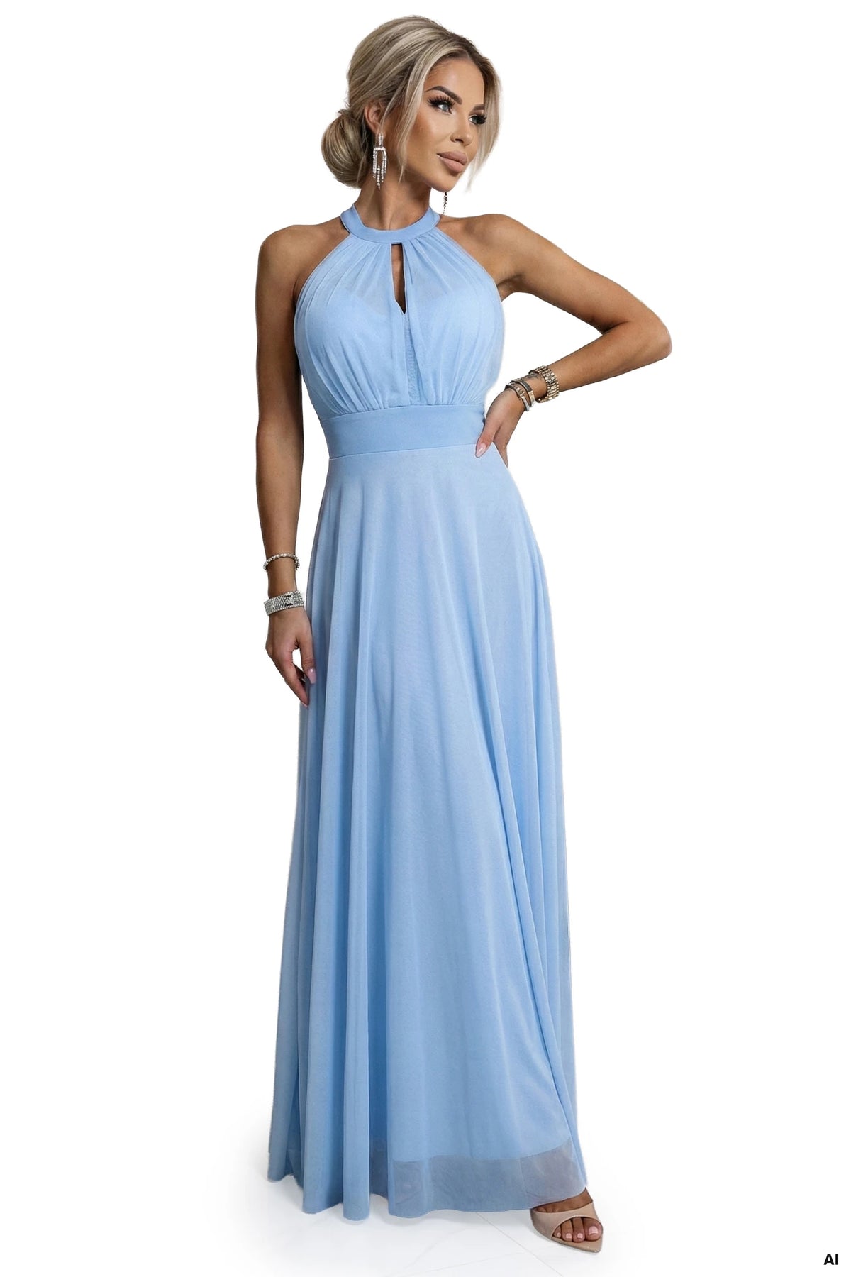 Elegant Evening Maxi Halter Dress with Tulle and Waist Tie – Light Blue