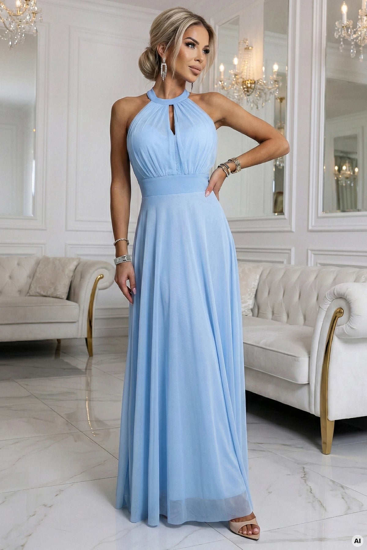 Elegant Evening Maxi Halter Dress with Tulle and Waist Tie – Light Blue