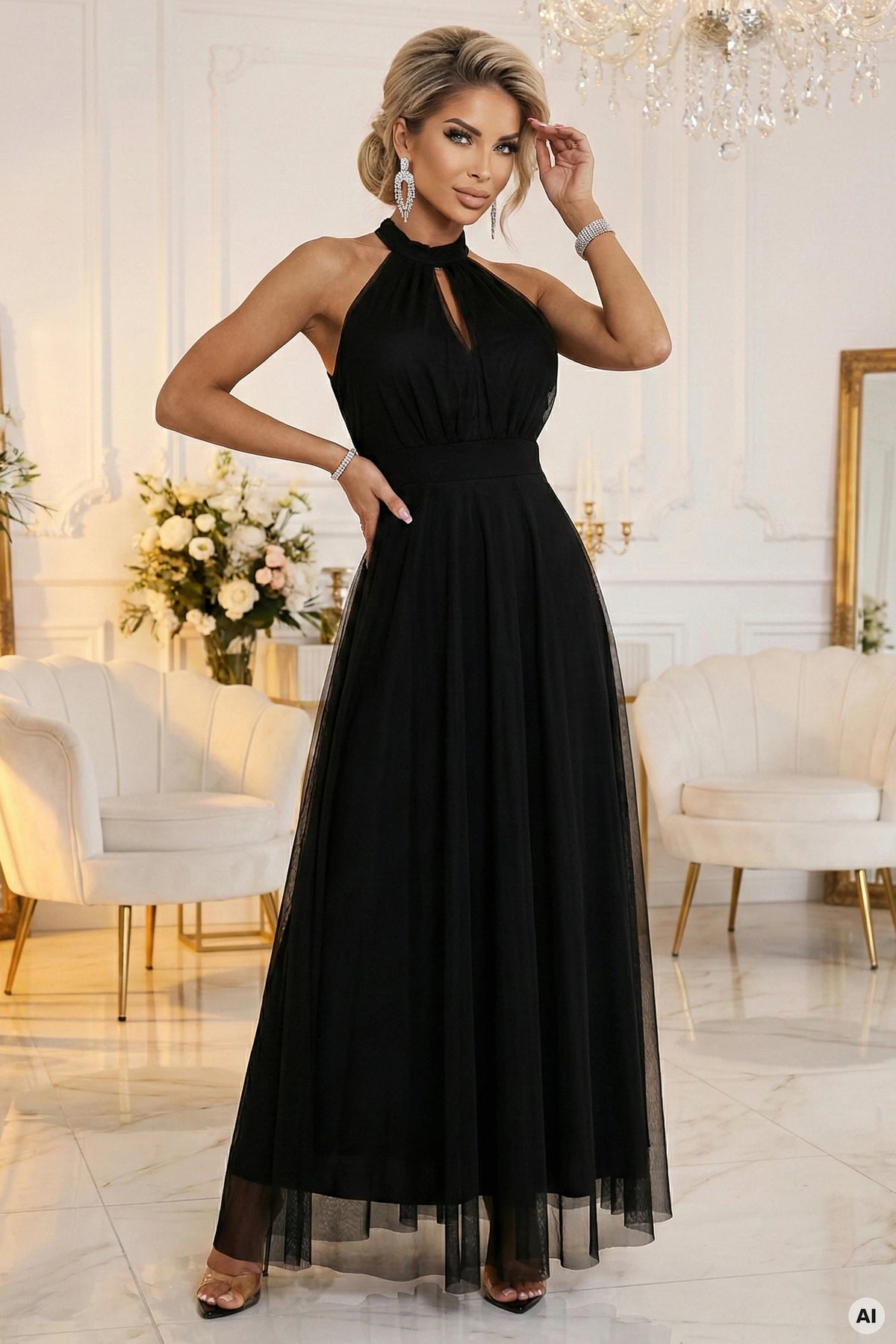 Elegant Evening Maxi Halter Dress with Tulle and Waist Tie – Black