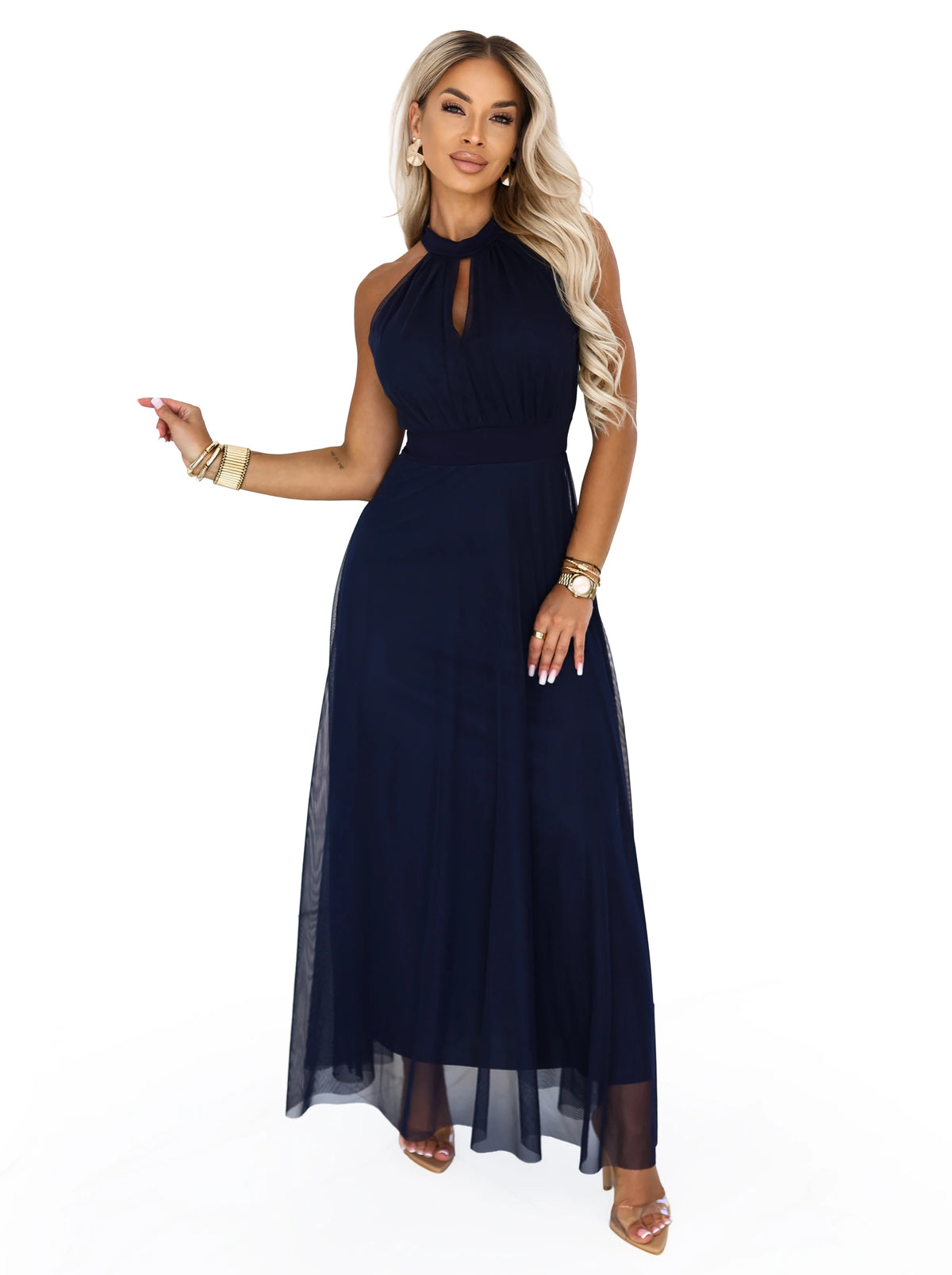 Elegant evening maxi halter dress with tulle and waist tie – Navy