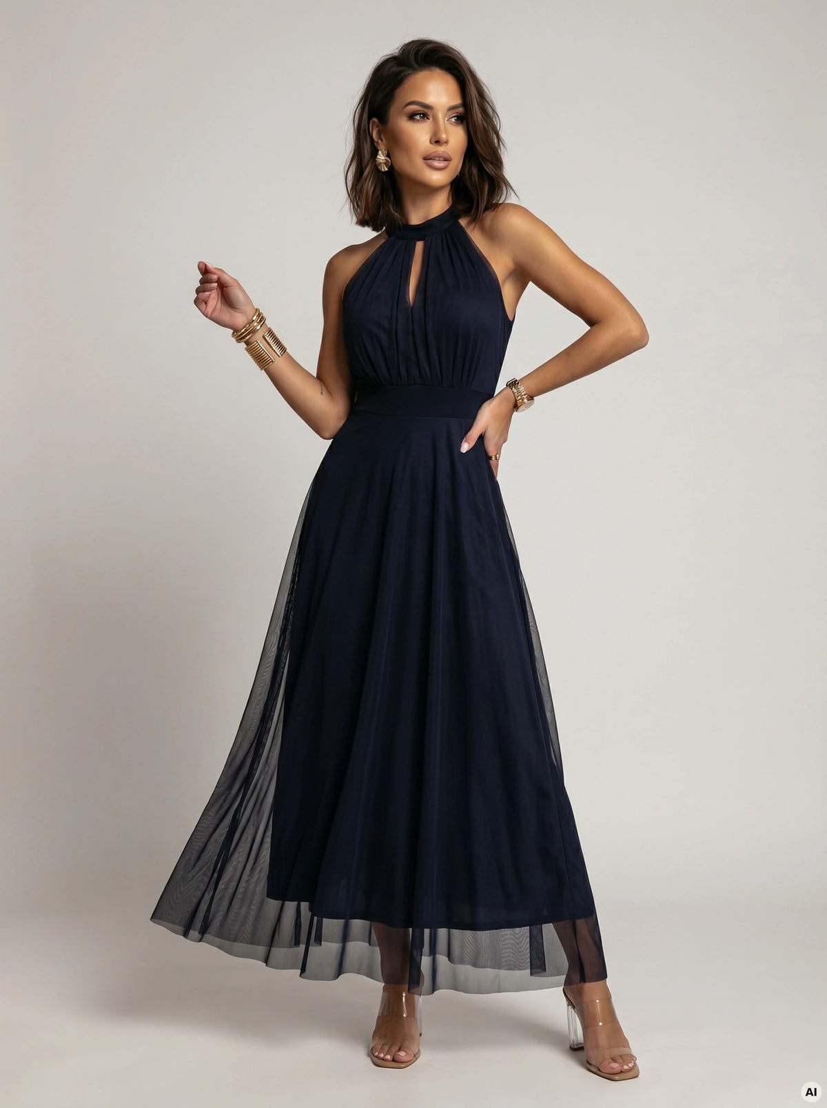 Elegant evening maxi halter dress with tulle and waist tie – Navy