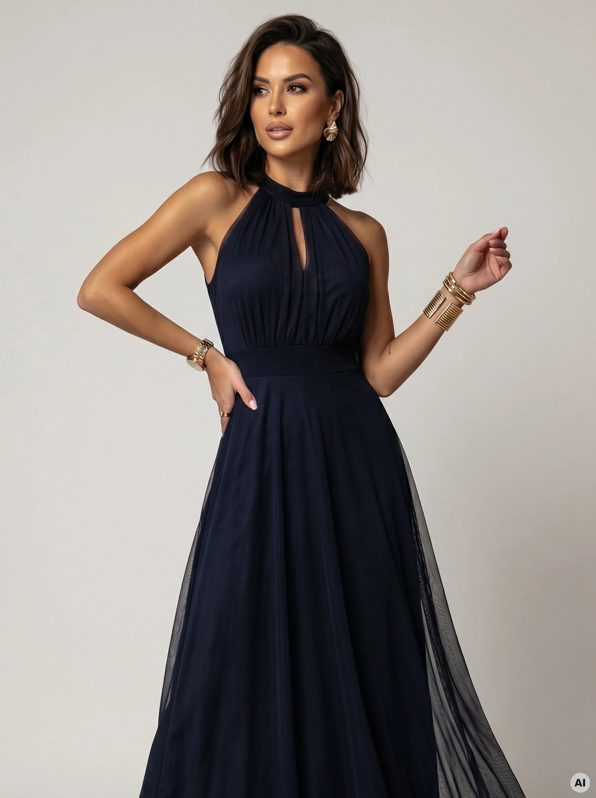 Elegant evening maxi halter dress with tulle and waist tie – Navy