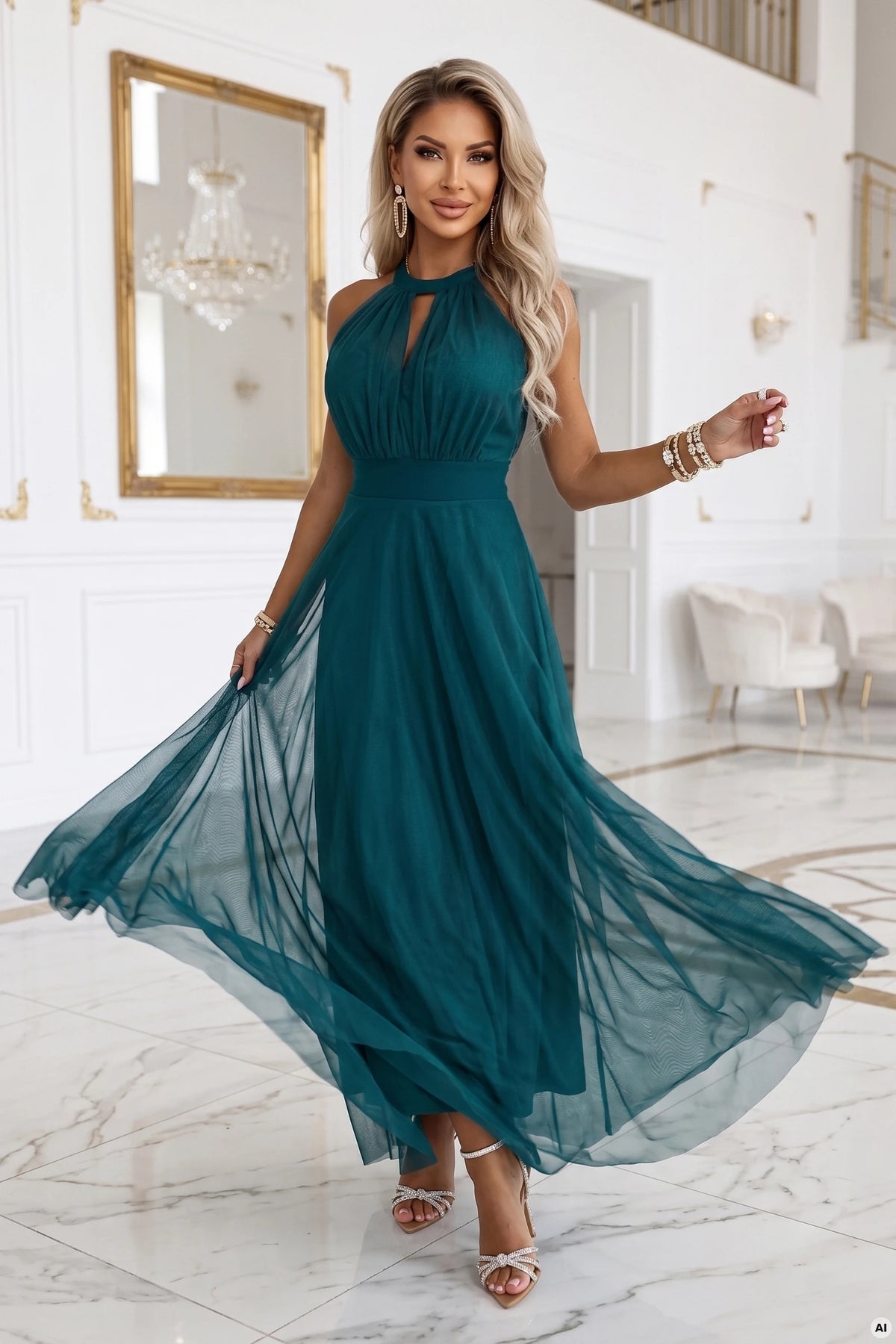 Elegant halter maxi evening dress with tulle and a waist tie – Green