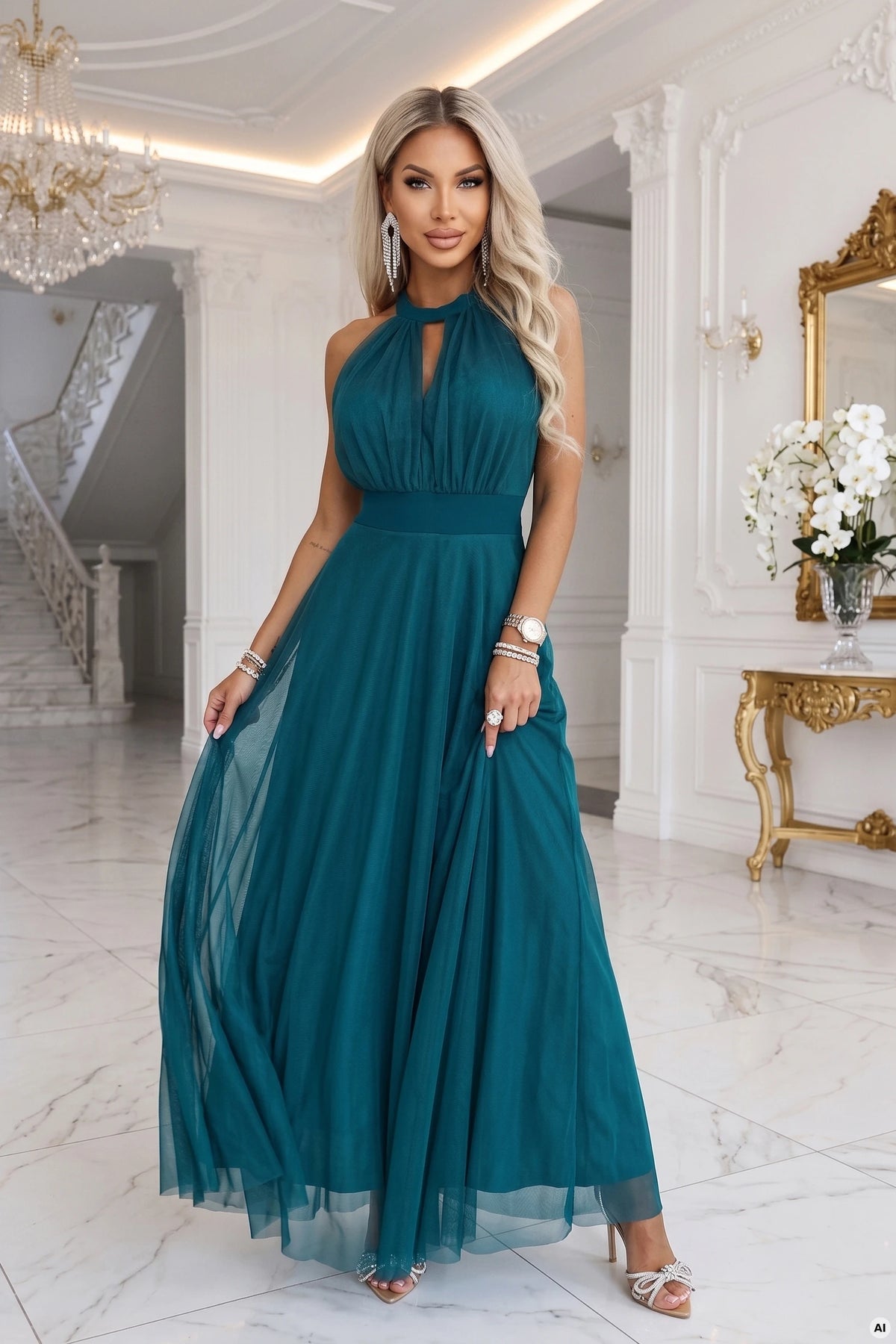 Elegant halter maxi evening dress with tulle and a waist tie – Green