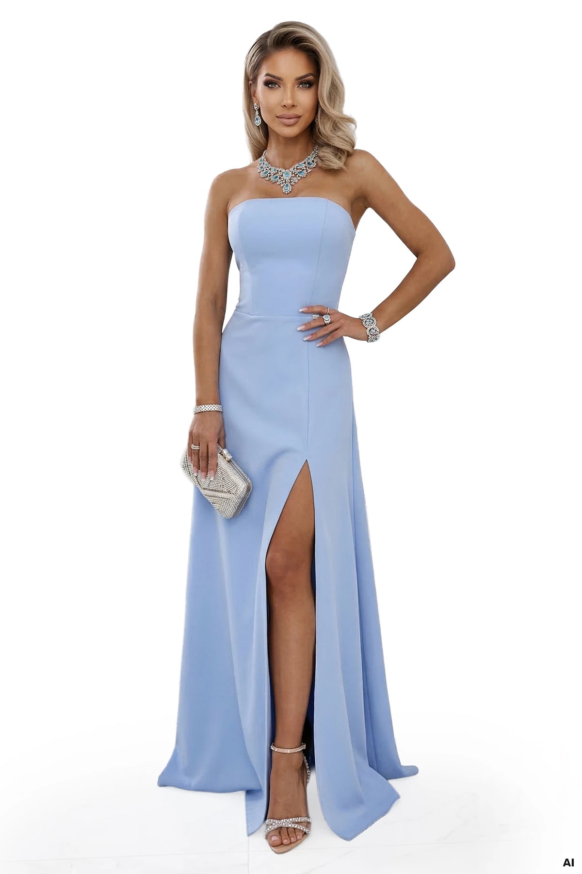 ELARA Corset Maxi Dress with Slit and Back Tie – Sky Blue