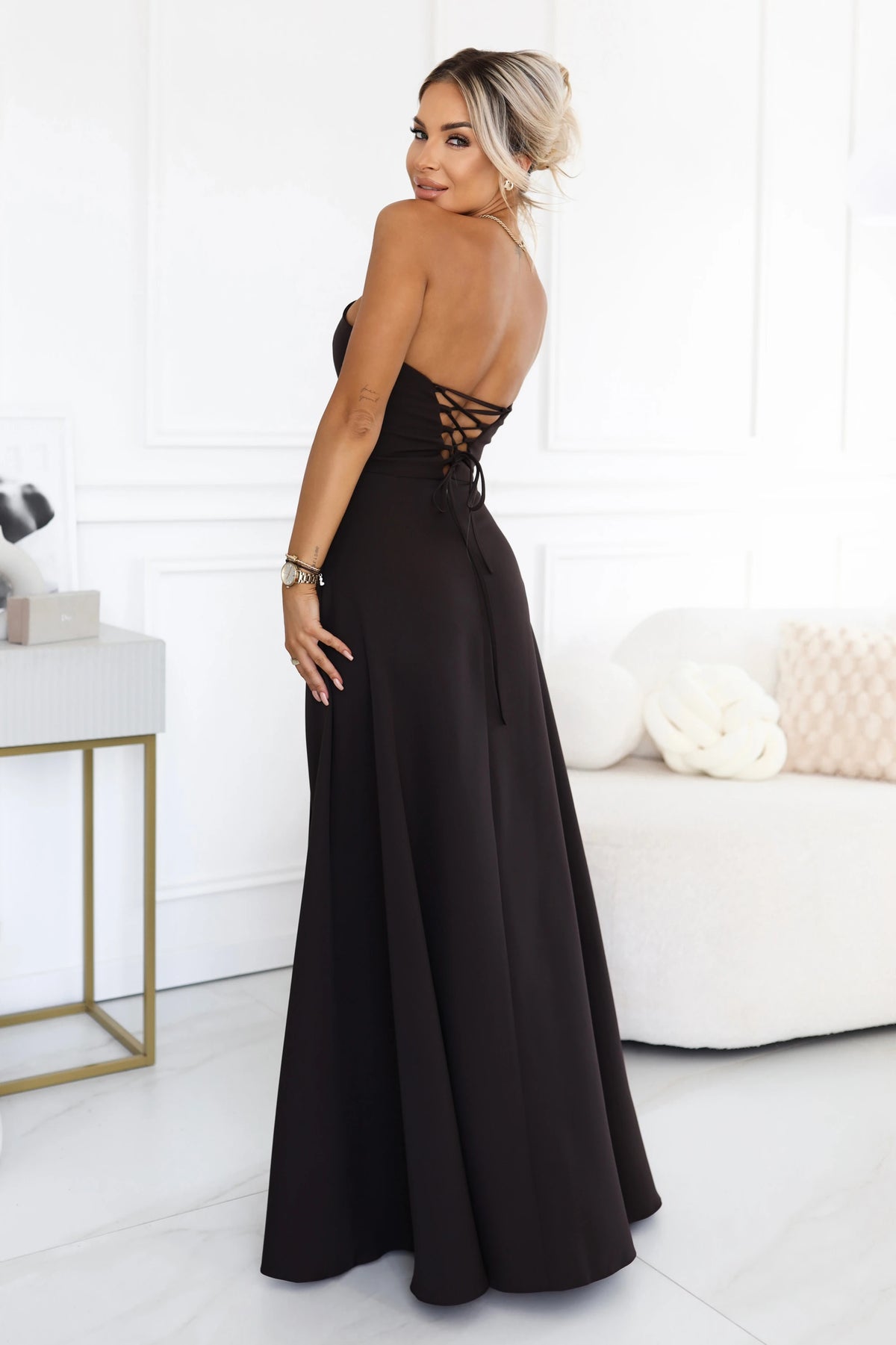 ELARA Corset-style maxi dress with a slit and back tie – Chocolate Brown