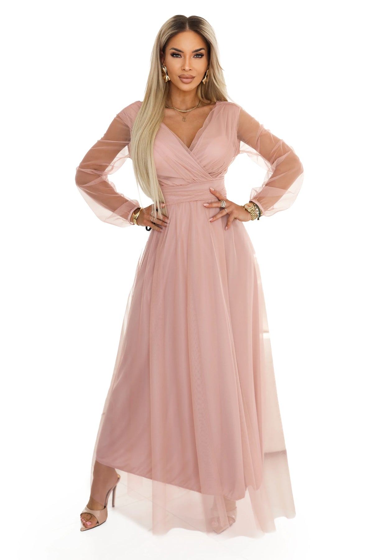Long Maxi Dress with Tulle Sleeves and Wrap Neckline – Powder Pink