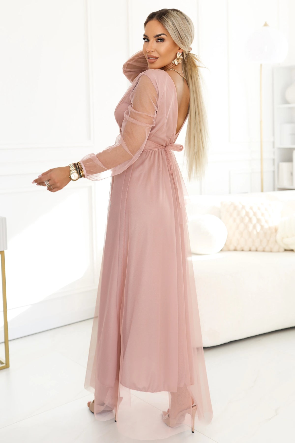 Long Maxi Dress with Tulle Sleeves and Wrap Neckline – Powder Pink