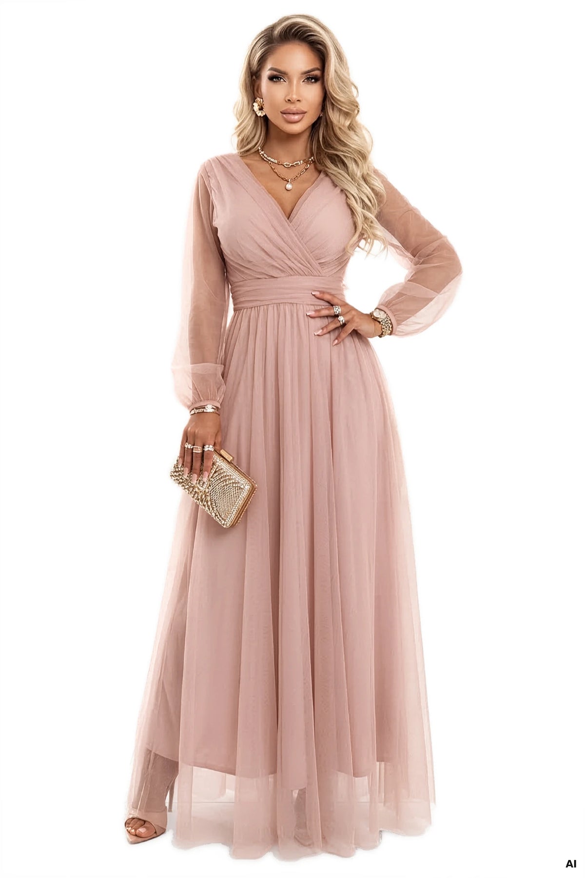 Long Maxi Dress with Tulle Sleeves and Wrap Neckline – Powder Pink