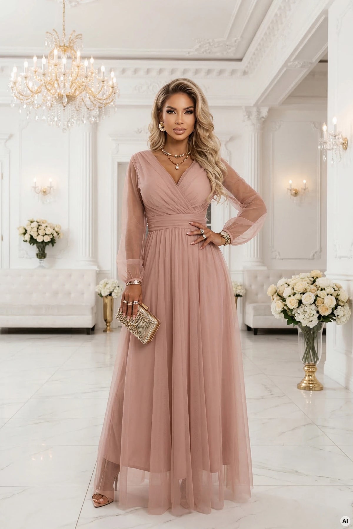 Long Maxi Dress with Tulle Sleeves and Wrap Neckline – Powder Pink