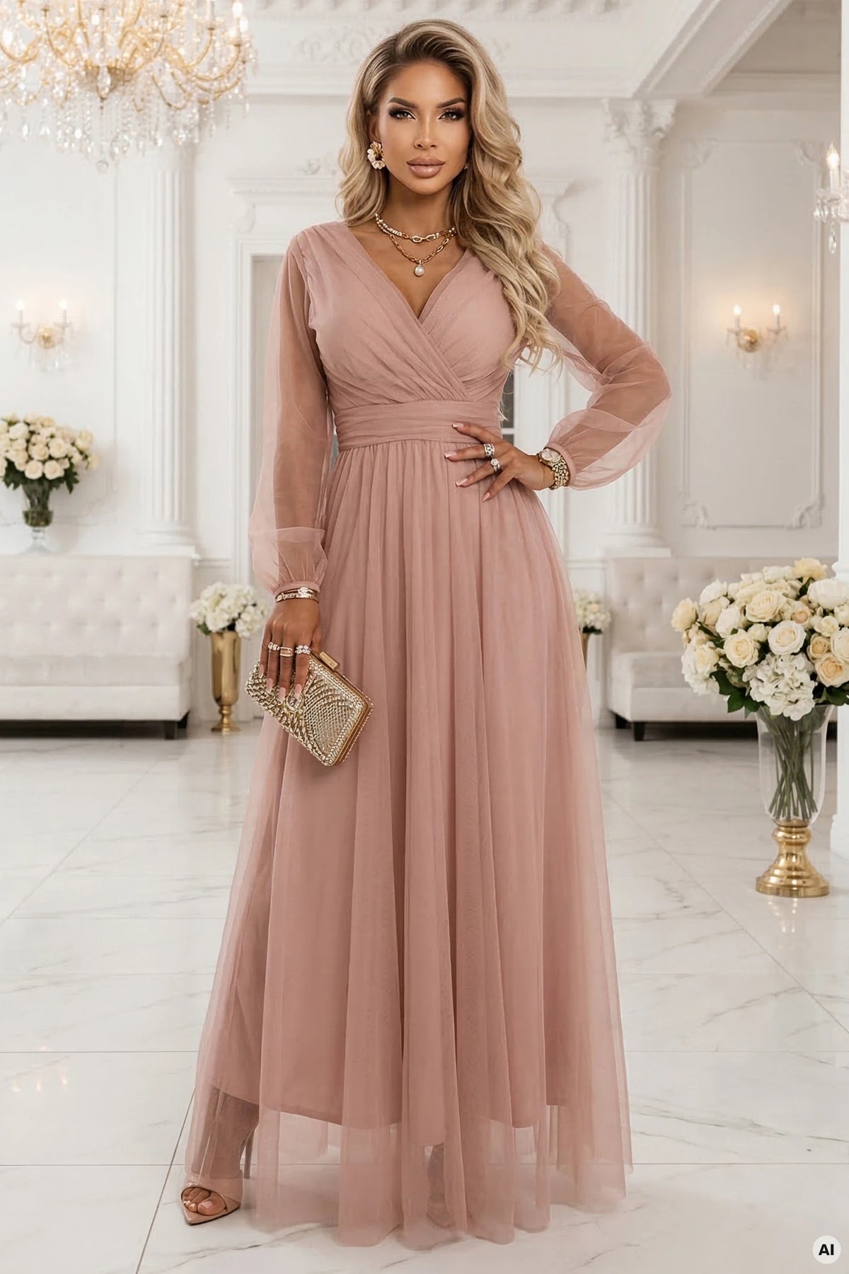 Long Maxi Dress with Tulle Sleeves and Wrap Neckline – Powder Pink