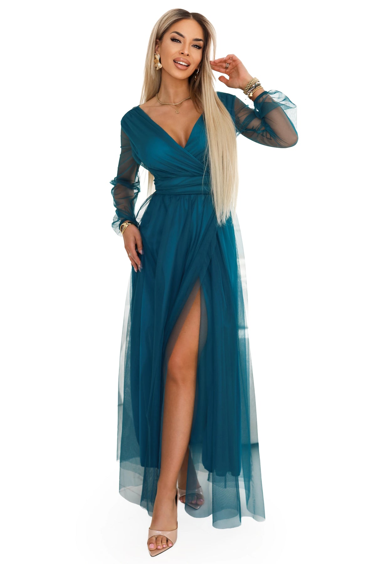 Long Maxi Dress with Tulle Sleeves and Wrap Neckline – Bottle Green