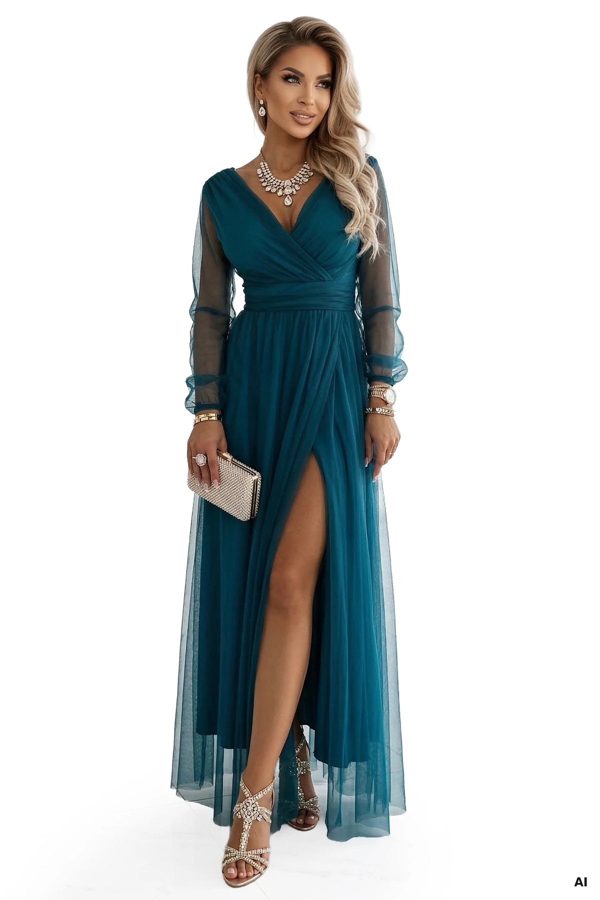 Long Maxi Dress with Tulle Sleeves and Wrap Neckline – Bottle Green